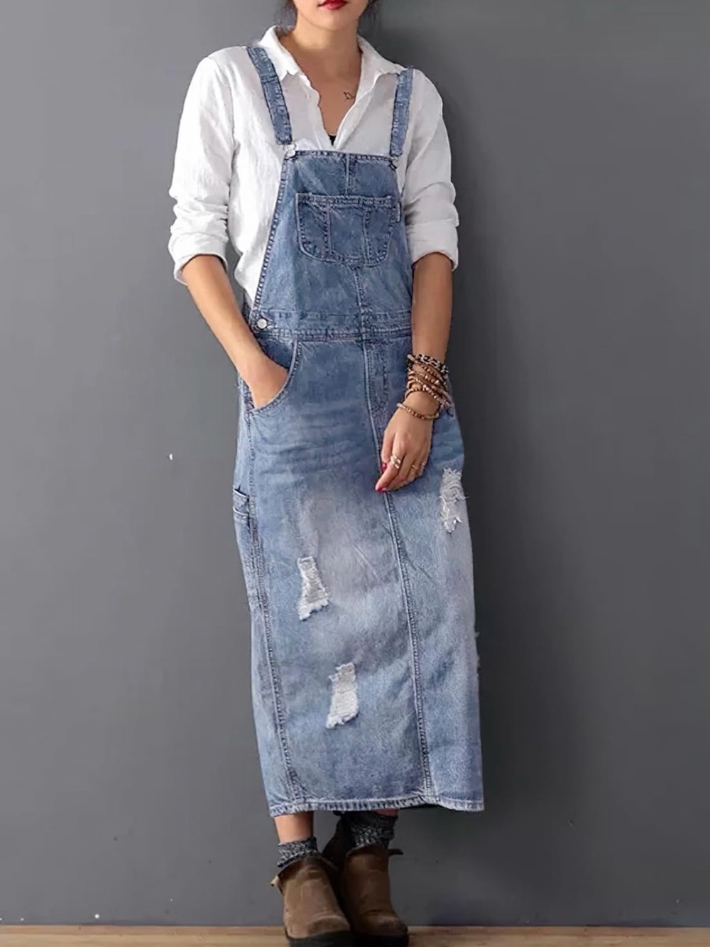 Denim Overall Maxi Skirt - Light Blue Distressed Women Jeans
